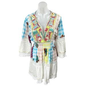 Siya Multicolor Embroidered Sequin Patchworks Checkered Mini A-Line Dress L/XL